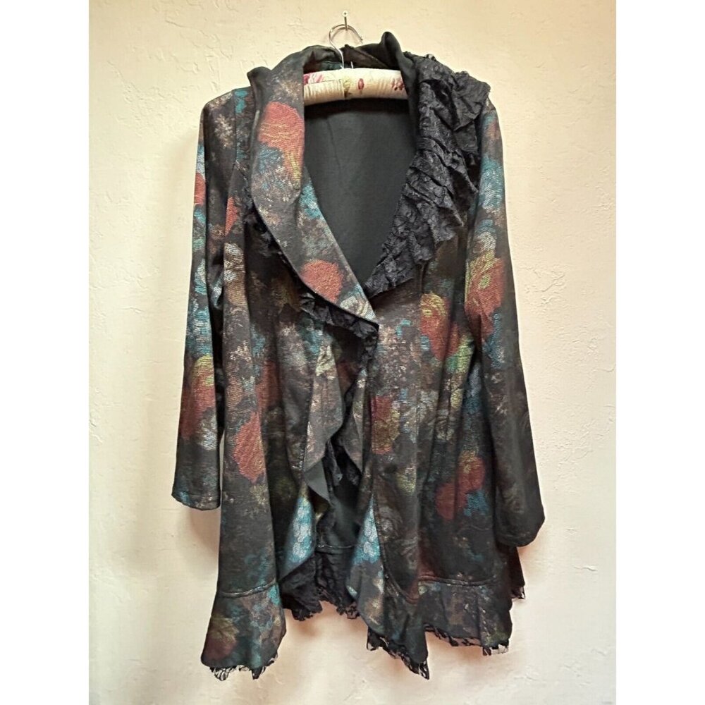 Italian Rossi Roma Womens Floral Lace Ruffle Trim Coat Jacket Black Silk Blend